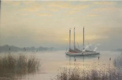 Broadland Scenes with Moored Wherries and Sailing Boat
