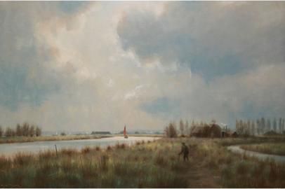 Broadland Landscape with Figure on a Marshland Path, Wherry in Distance