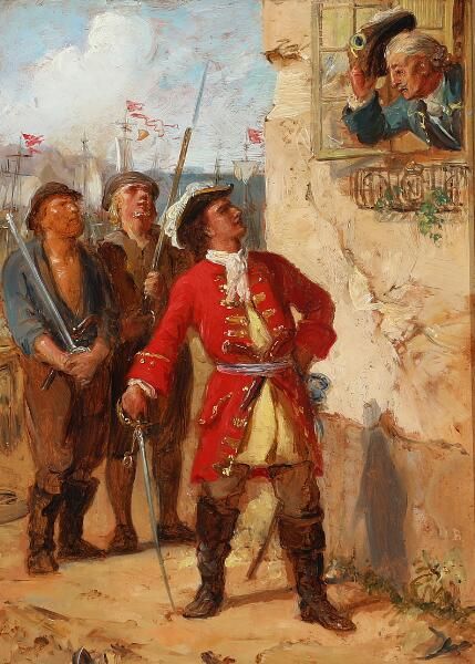 Study for “Tordenskjold i Marstrand”. The Danish-Norwegian admiral Tordenskjold (1690–1720) threatens the commendant Danckwardt (1670–1719) in the Swedish city Marstrand during the siege 1719